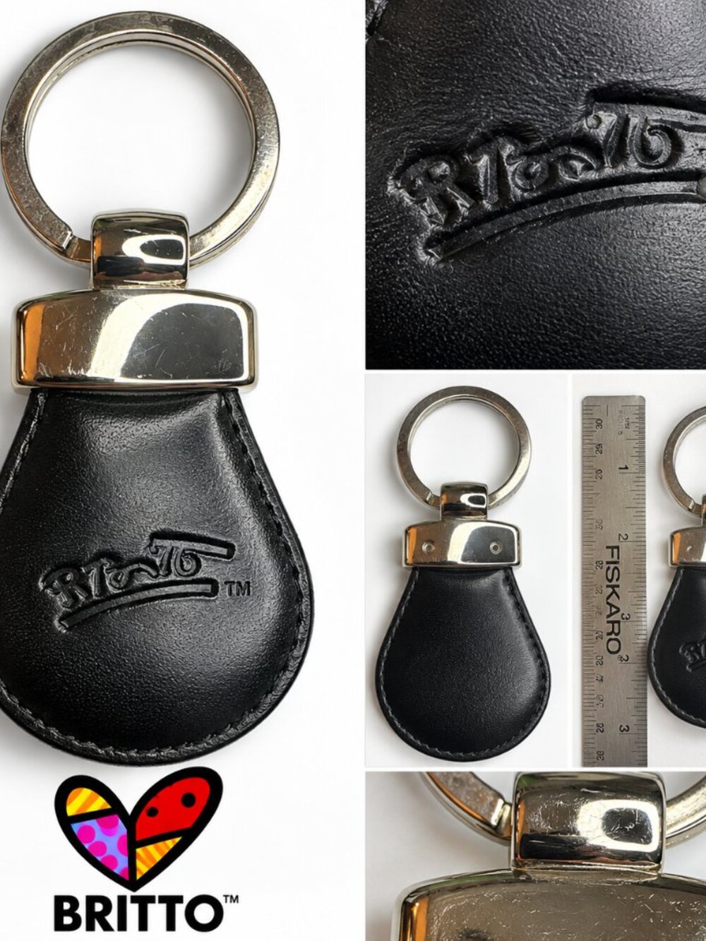 R. Britto Black Leather Keychain Key Ring Silver Tone
